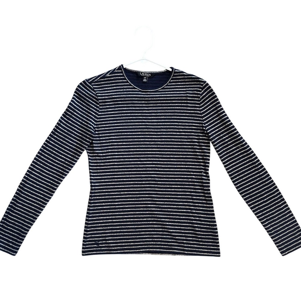 Lauren Ralph Lauren Navy Silver‎ Metallic Striped Long Sleeve Knit Top Small S/P